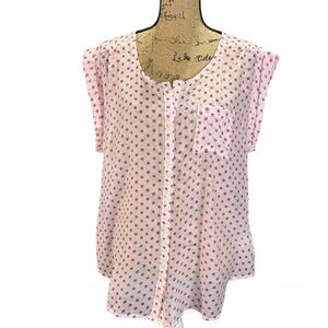 Eden & Olivia Pink and White Polka Dot Cap-Sleeve Blouse. EC. Size XL